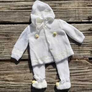 Mine Alone Knit Baby Set Newborn 0–3M | Hooded Cardigan Footie Pants Chick Spain